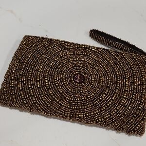Elegant Beaded Clutch in Brown and Gold